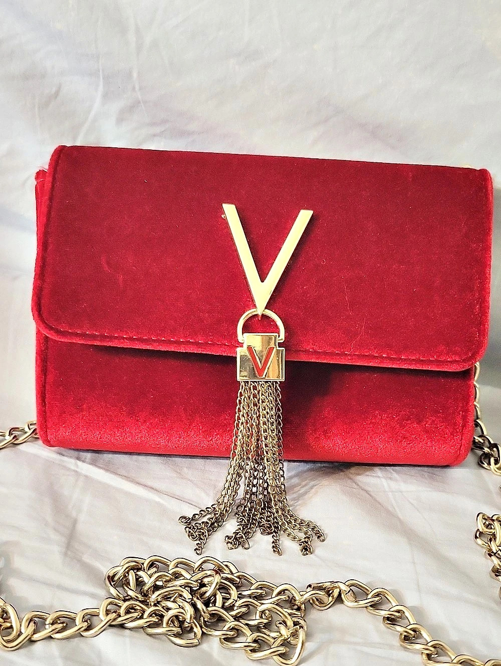 Valentino Red Velvet Tassel Chain Clutch Like New
